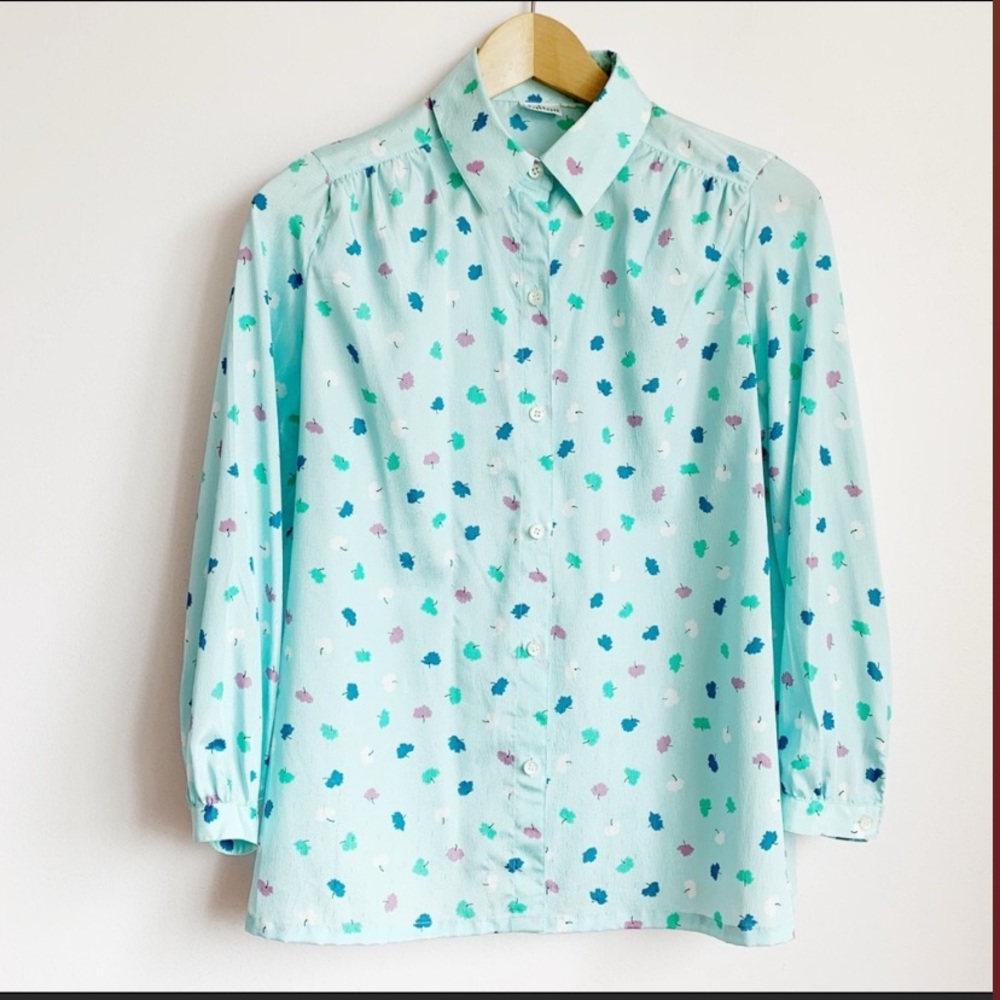 vintage aqua satin printed buttonup blouse